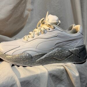 Puma leather  RSX White Chunky Sneakers with Silver Glitter Trim